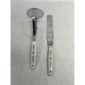 Vintage Blue Cornflower Potato Masher and Spatula Set Kitchen Utensils Retro